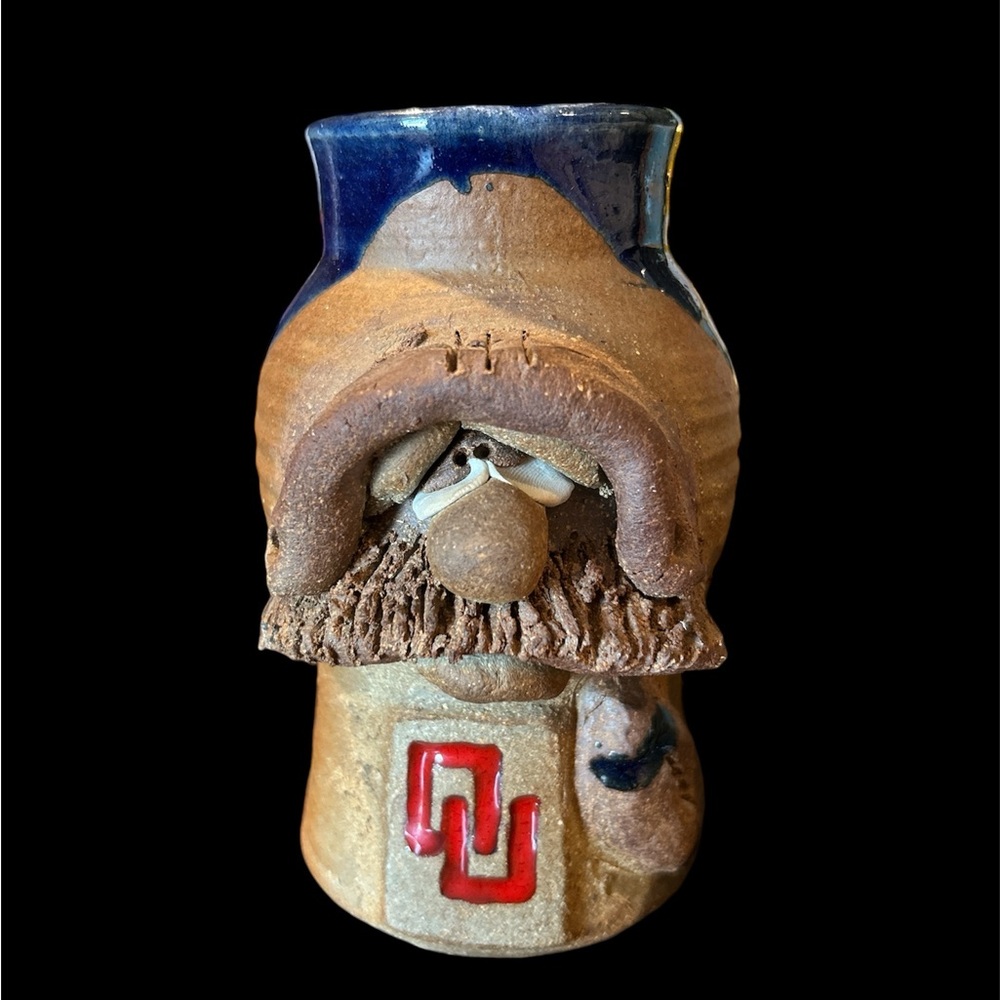 Signed handmade Funny face stoneware pottery mug football theme